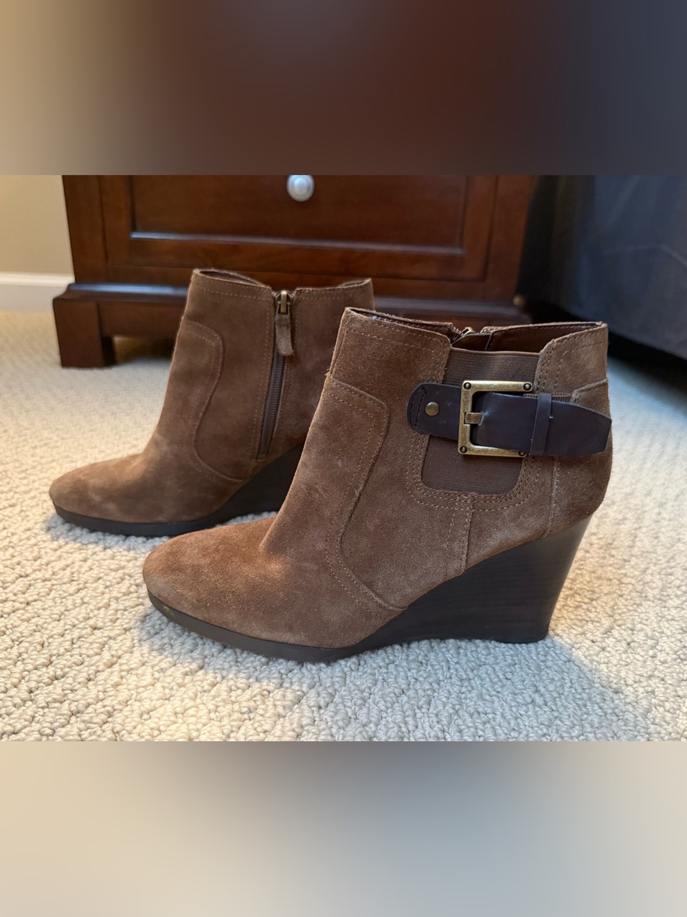 Franco Sarto Brown Suede Wedge Ankle Boots with Buckle Strap